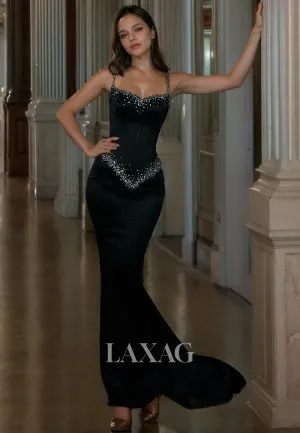 22099 - Spaghetti Straps Beaded Sleek Satin Fitted Mermaid Party Prom Formal Evening Dress