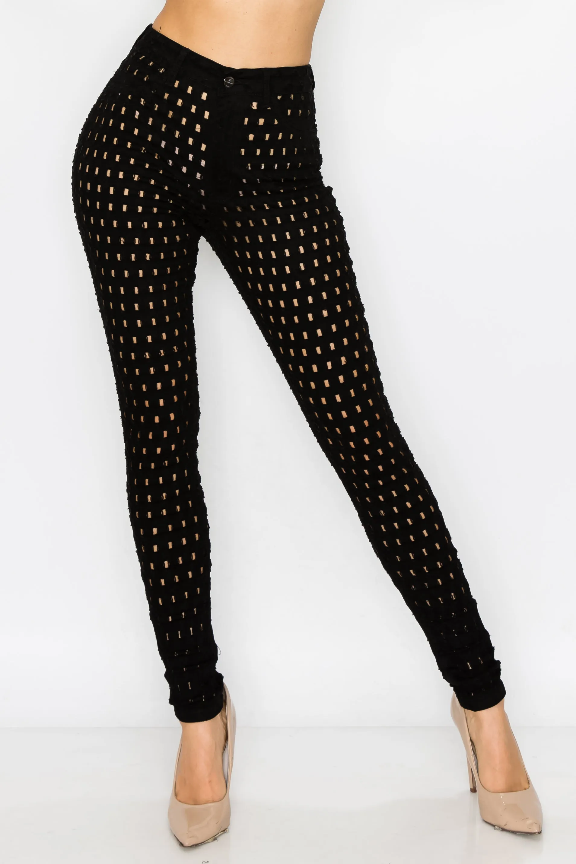 40495 Women's High Rise Skinny Jeans Shotgun Punctured Denim