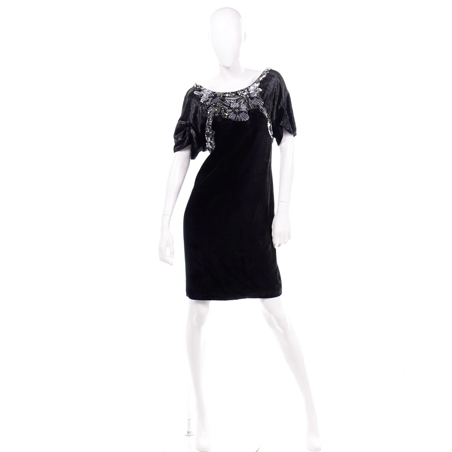 Alberta Ferretti Beaded Sequins Black Velvet Evening Dress
