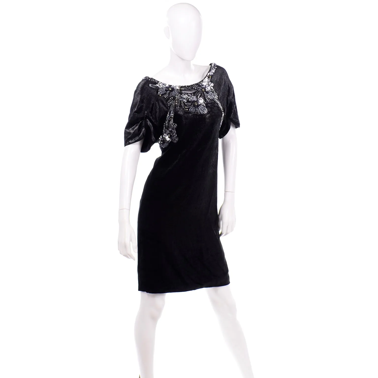 Alberta Ferretti Beaded Sequins Black Velvet Evening Dress