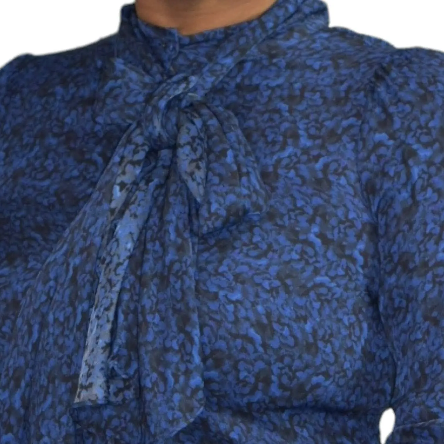 Alice   Olivia Tie Neck Blouse Pussybow Shirt Dark Blue Print Satin Top Size XS