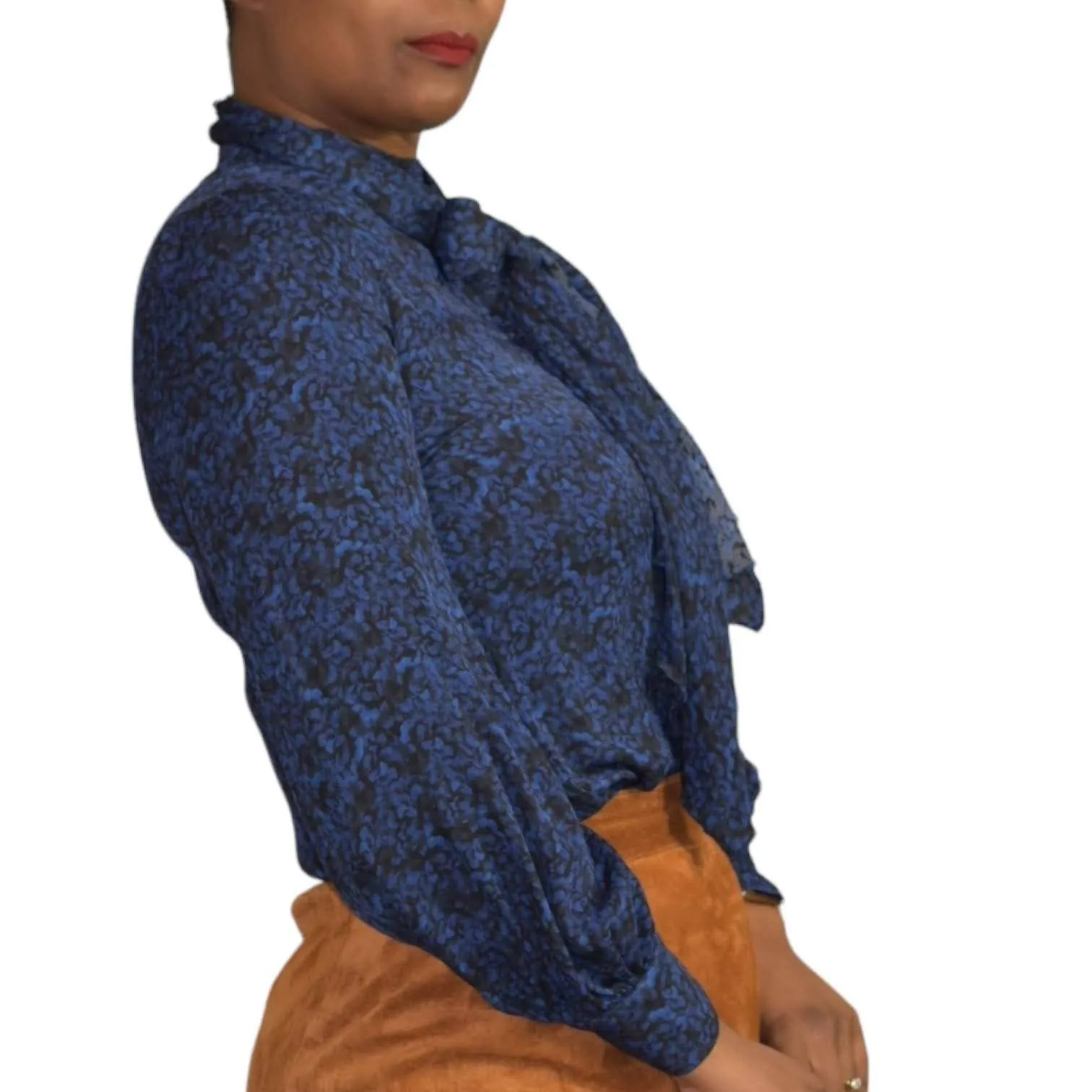 Alice   Olivia Tie Neck Blouse Pussybow Shirt Dark Blue Print Satin Top Size XS