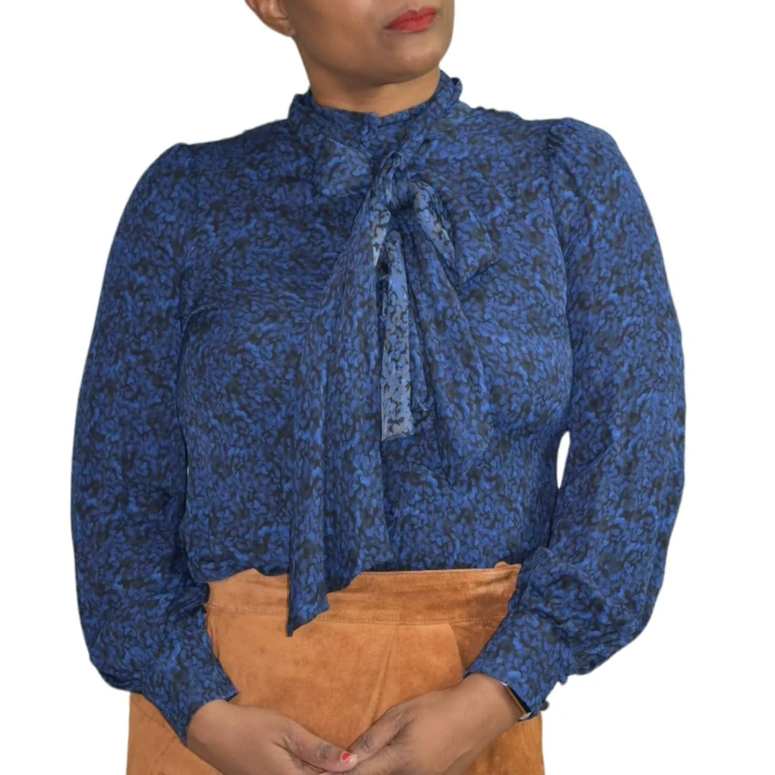 Alice   Olivia Tie Neck Blouse Pussybow Shirt Dark Blue Print Satin Top Size XS