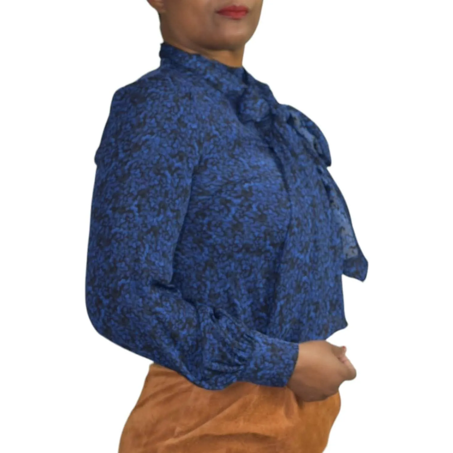 Alice   Olivia Tie Neck Blouse Pussybow Shirt Dark Blue Print Satin Top Size XS
