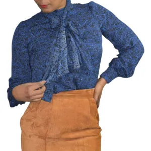Alice   Olivia Tie Neck Blouse Pussybow Shirt Dark Blue Print Satin Top Size XS