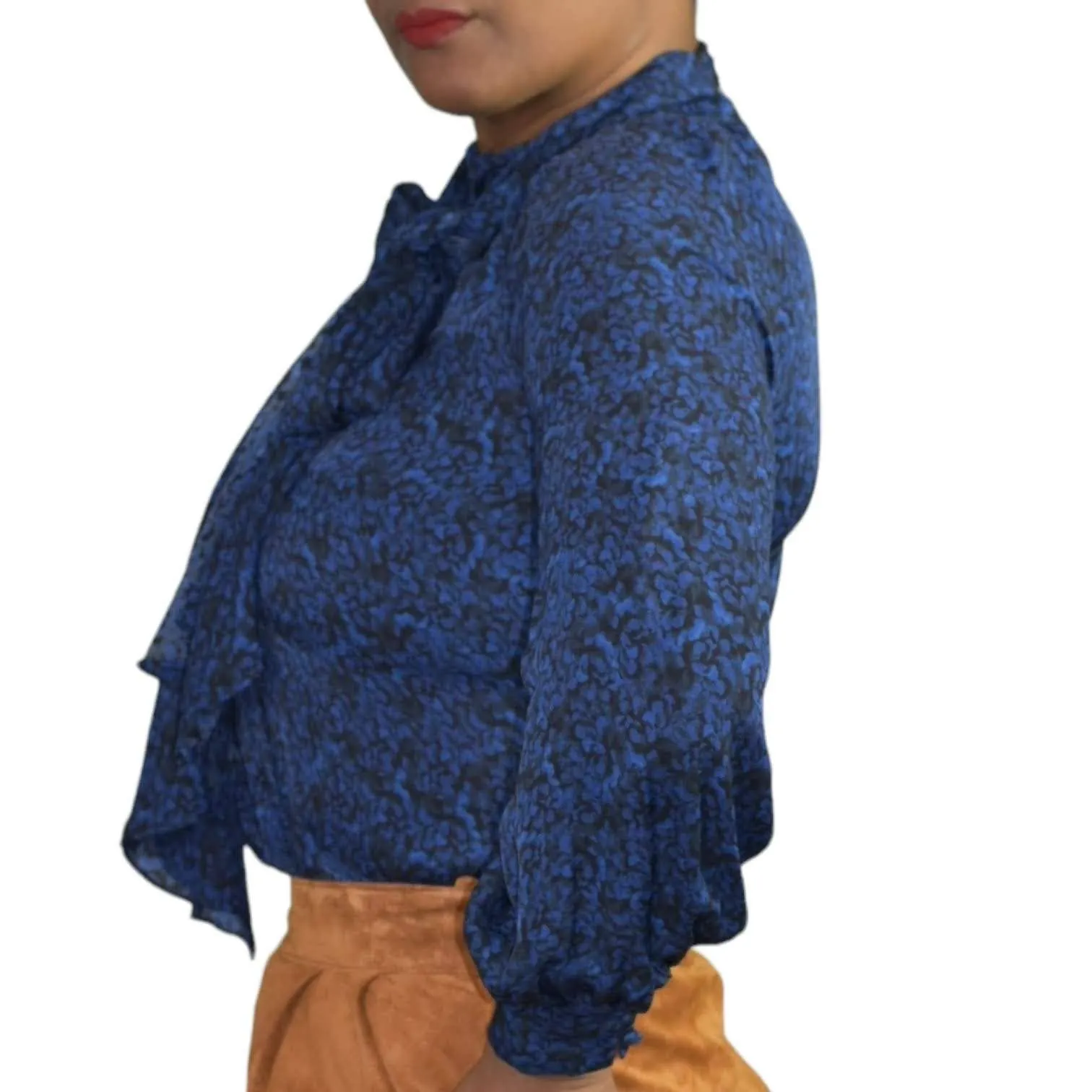 Alice   Olivia Tie Neck Blouse Pussybow Shirt Dark Blue Print Satin Top Size XS