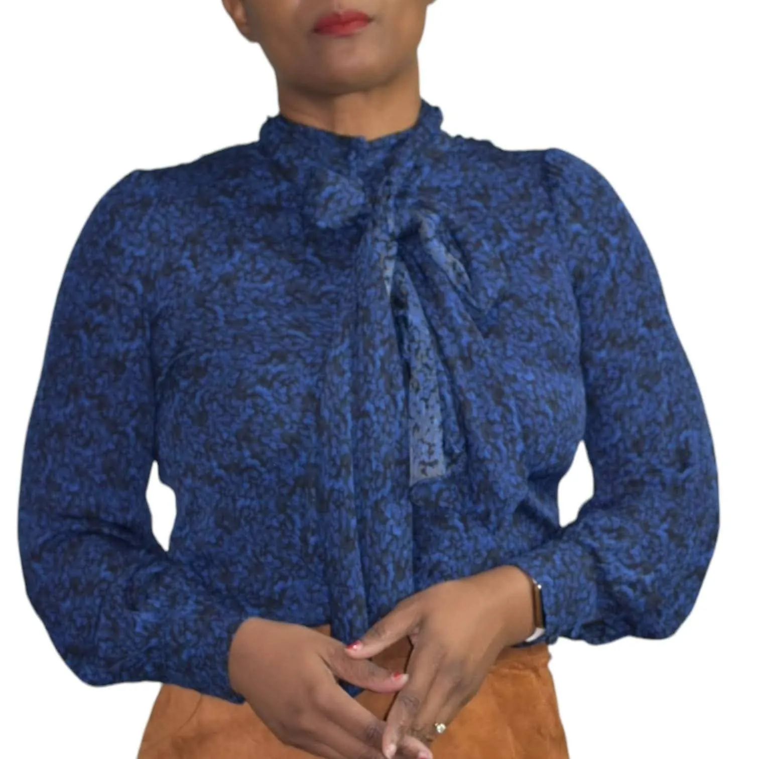 Alice   Olivia Tie Neck Blouse Pussybow Shirt Dark Blue Print Satin Top Size XS