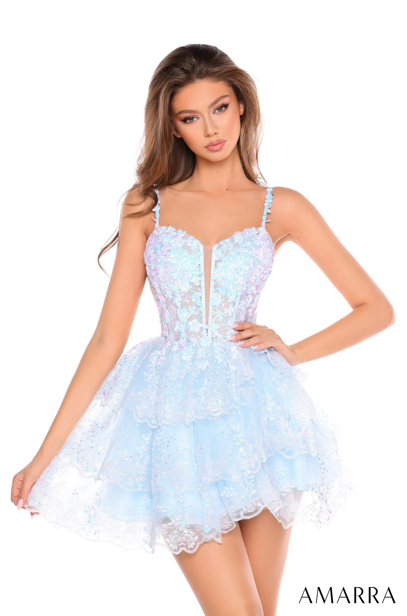 Amarra 88705 Short Ruffle Lace Sequin Corset Cocktail Dress Homecoming V Neck Gown