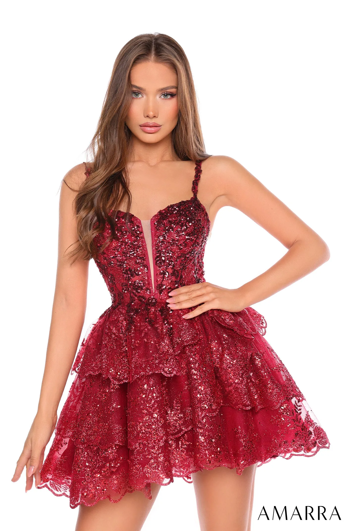 Amarra 88705 Short Ruffle Lace Sequin Corset Cocktail Dress Homecoming V Neck Gown