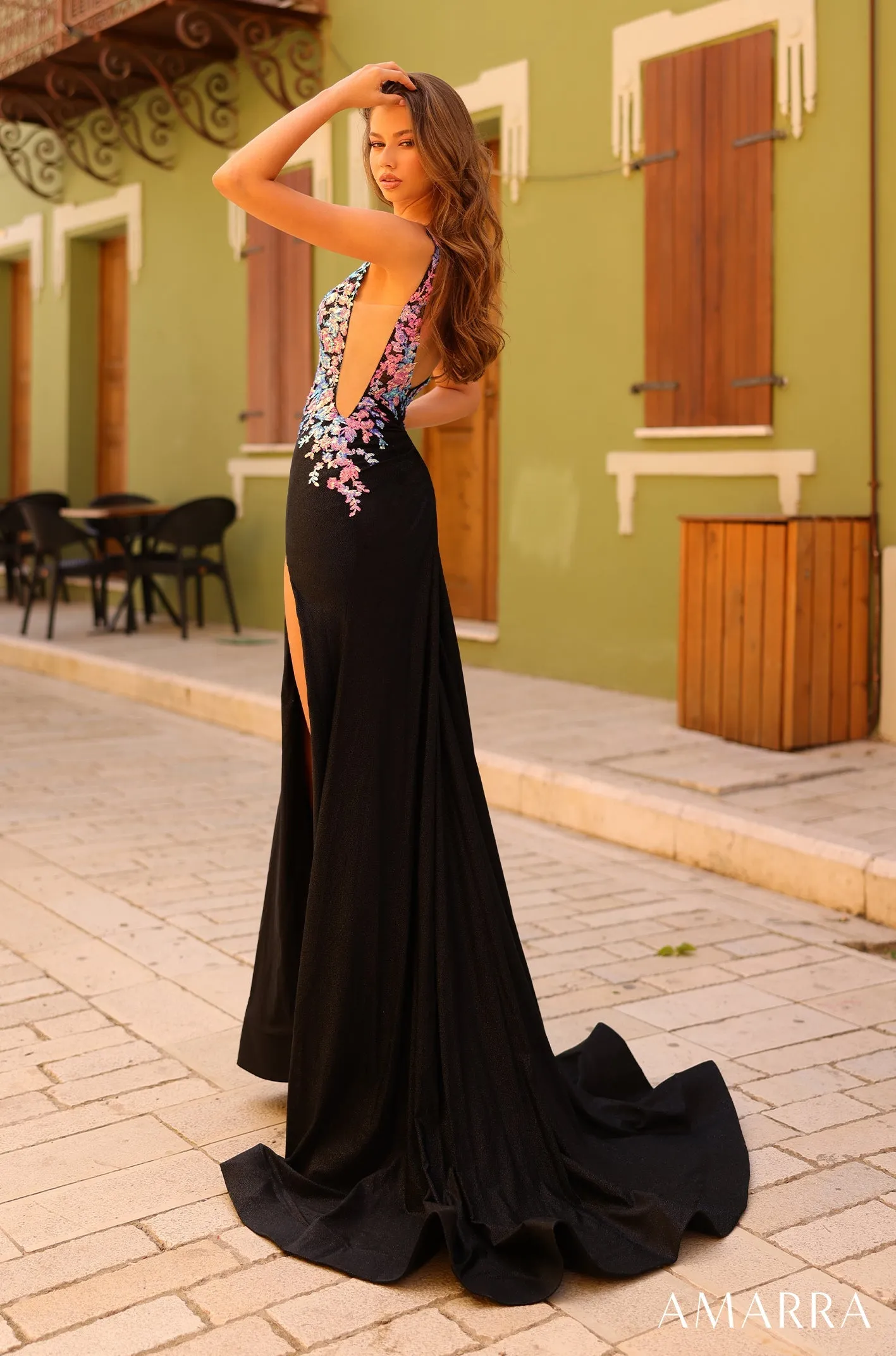 Amarra 88808 Size 2 Lavender Long Fitted Sequin Jersey Prom Dress Maxi Slit V Neck Sheer Formal Gown