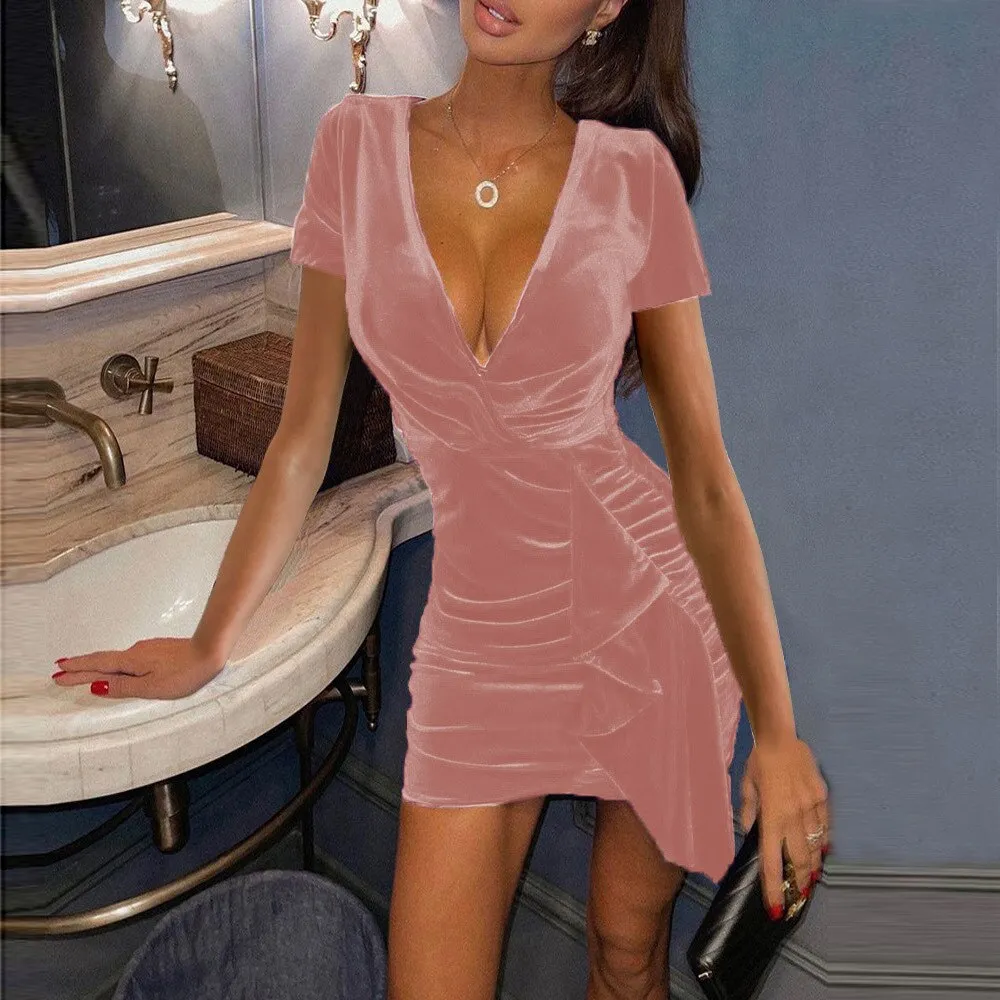 BerriesJam - Short Sleeve High Waist Bodycon Mini Velvet Dress