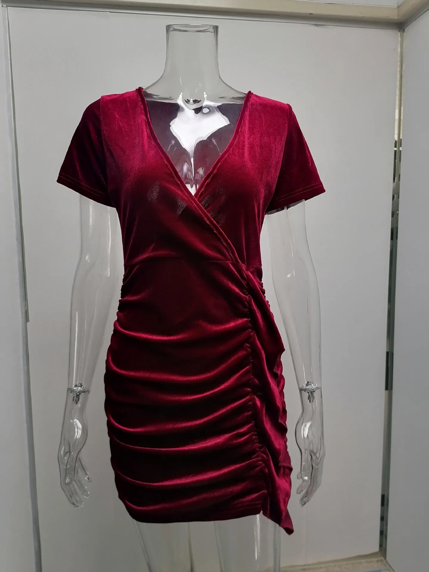 BerriesJam - Short Sleeve High Waist Bodycon Mini Velvet Dress