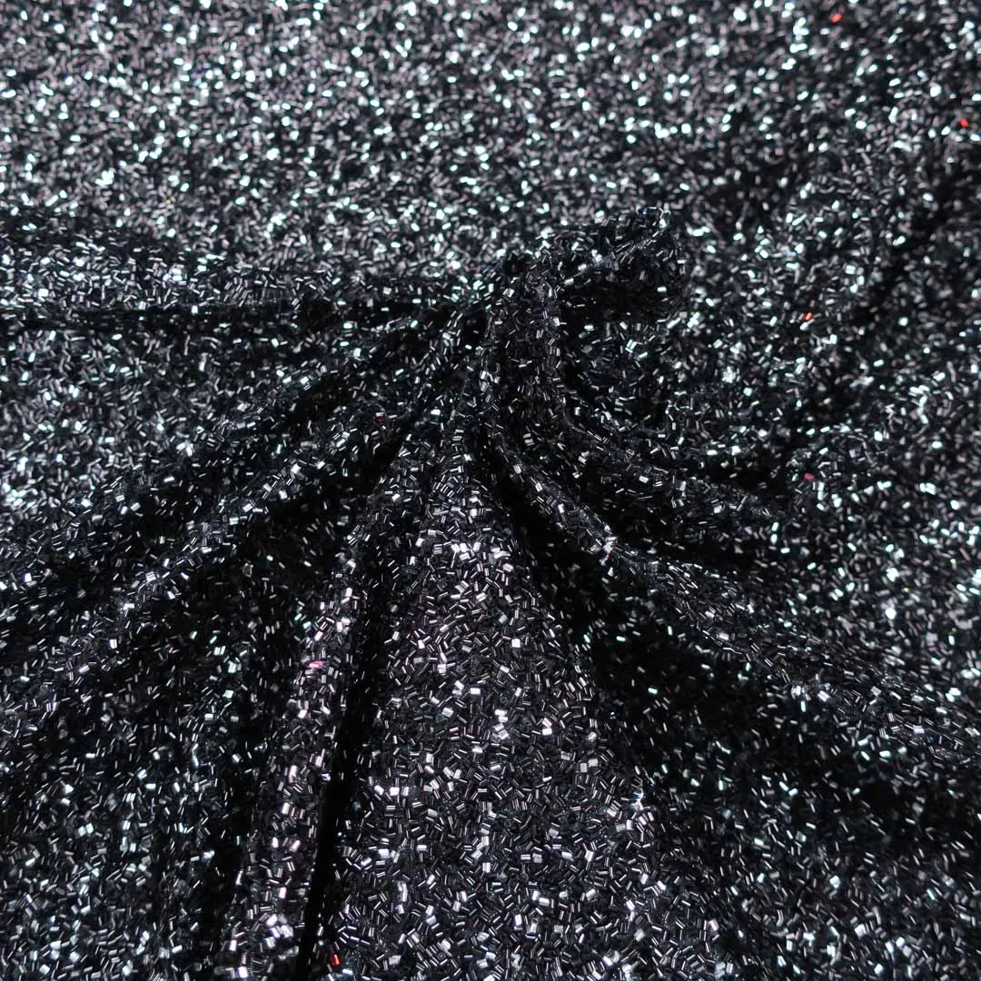 Black and Silver  Glued Bugle Bead-Like Exclusive Fabric