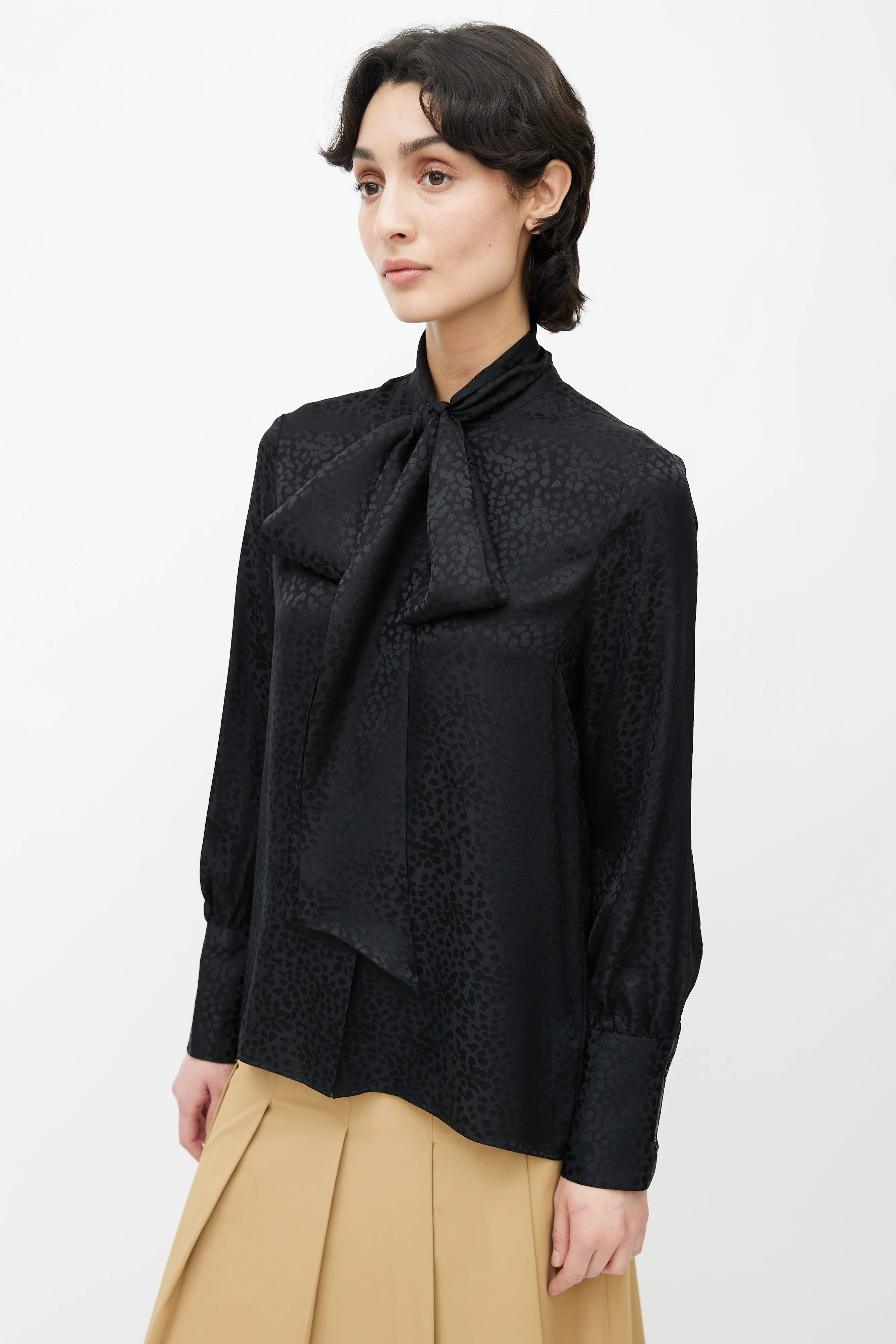 Black Silk Print Pattern Neck Tie Blouse