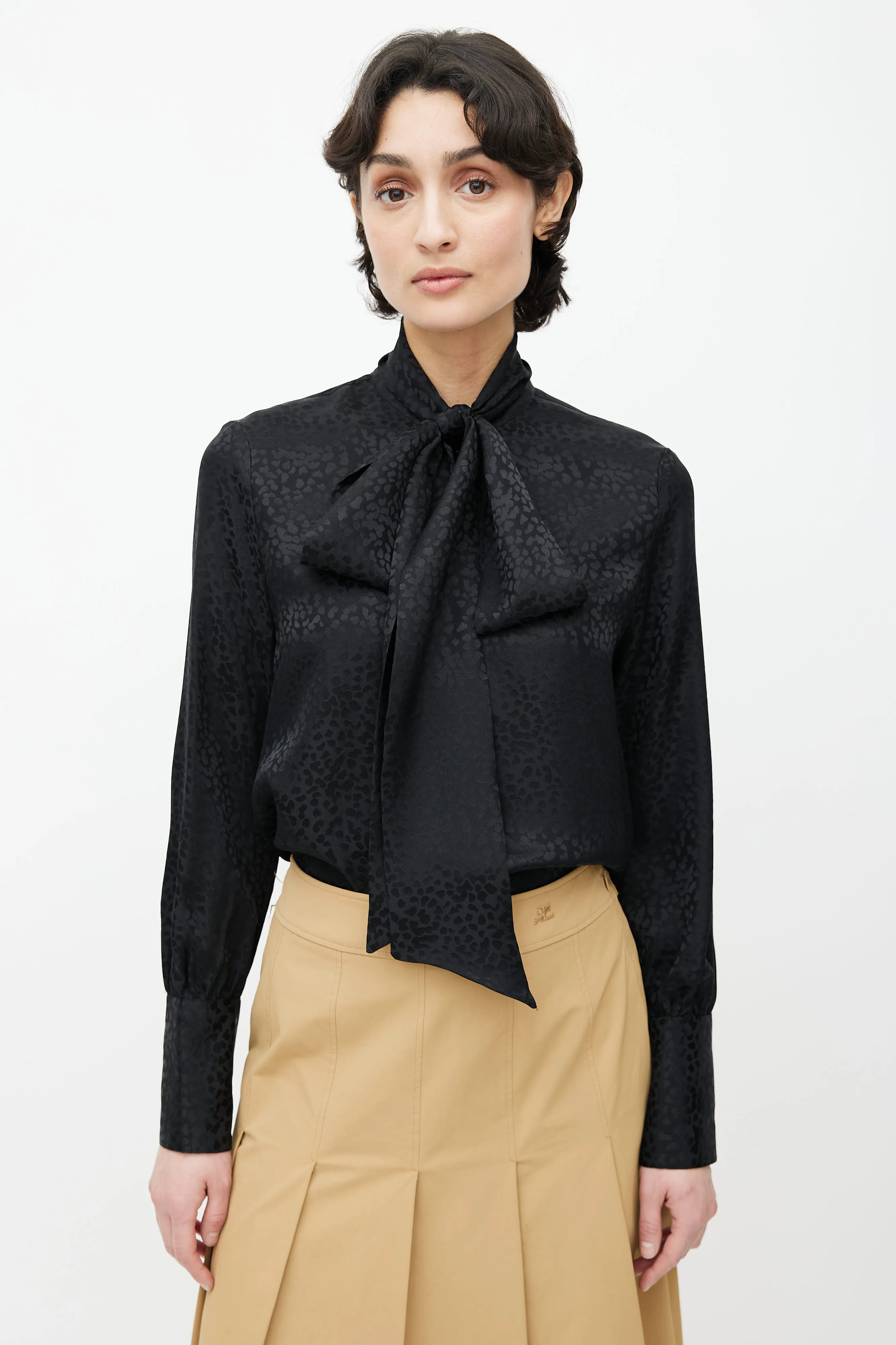 Black Silk Print Pattern Neck Tie Blouse