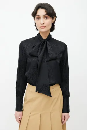 Black Silk Print Pattern Neck Tie Blouse
