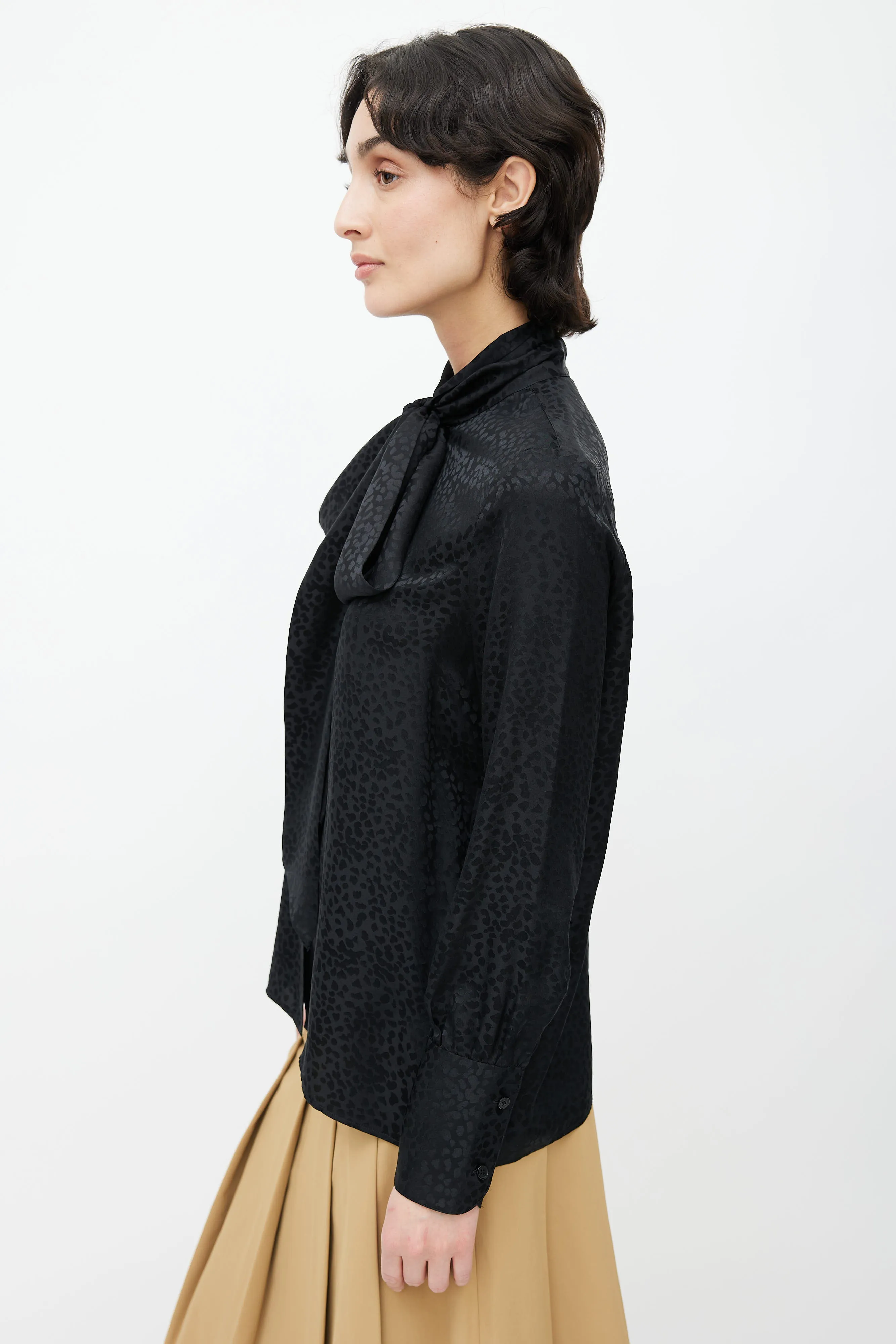 Black Silk Print Pattern Neck Tie Blouse