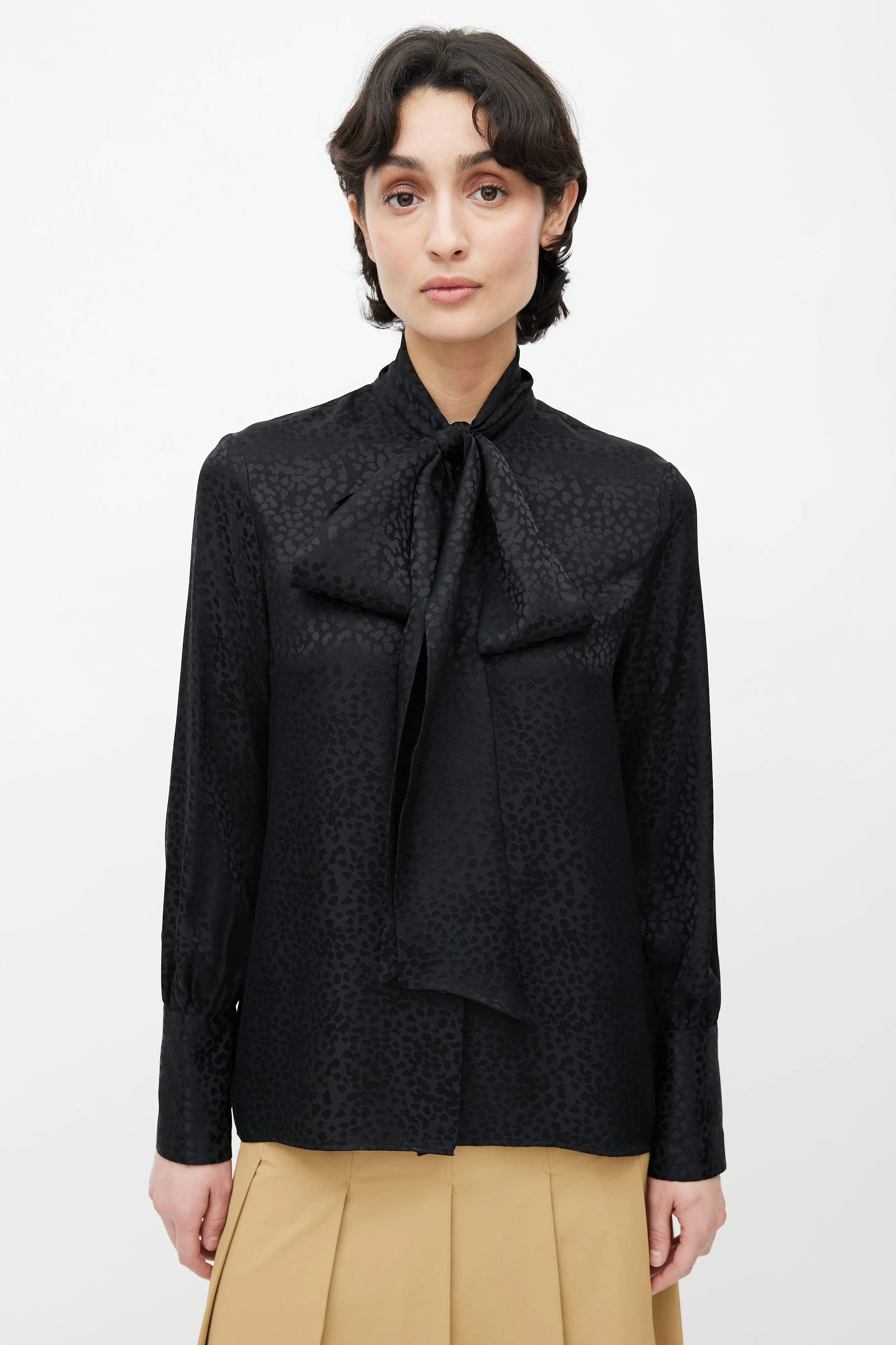 Black Silk Print Pattern Neck Tie Blouse