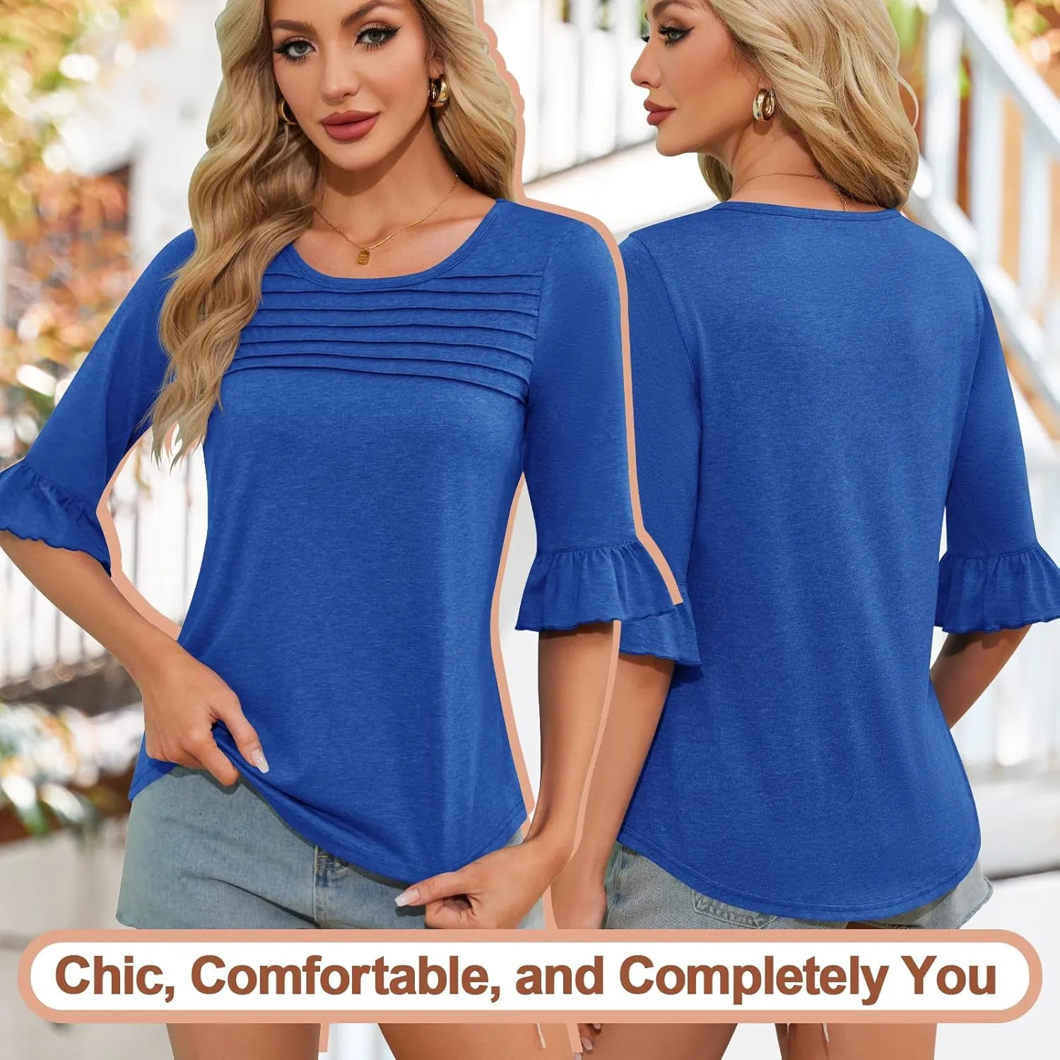 Blingfit 3/4 Length Sleeve Womens Tops Dressy Casual Shirts Ruffle Bell Sleeve Front Pleated Fasion Trendy Summer Blouses
