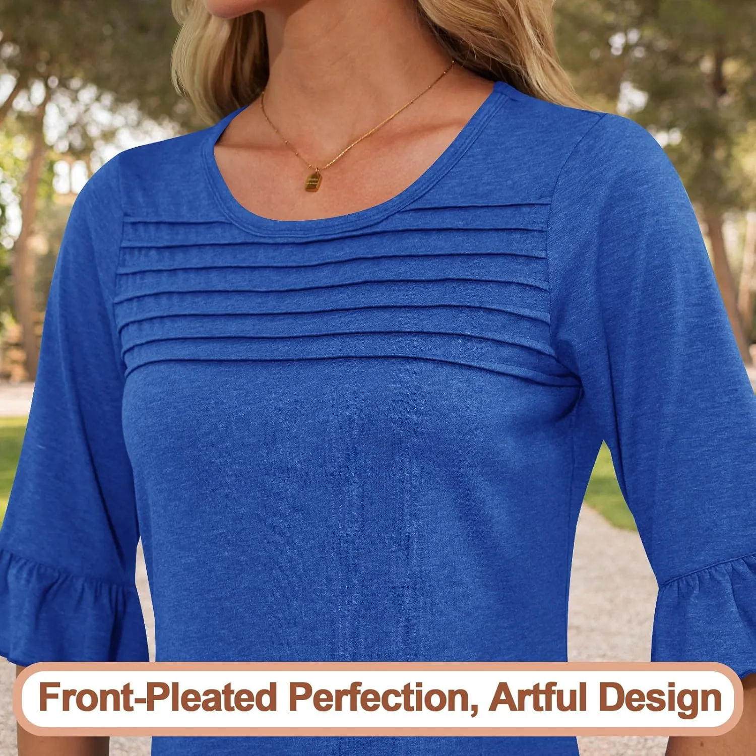Blingfit 3/4 Length Sleeve Womens Tops Dressy Casual Shirts Ruffle Bell Sleeve Front Pleated Fasion Trendy Summer Blouses