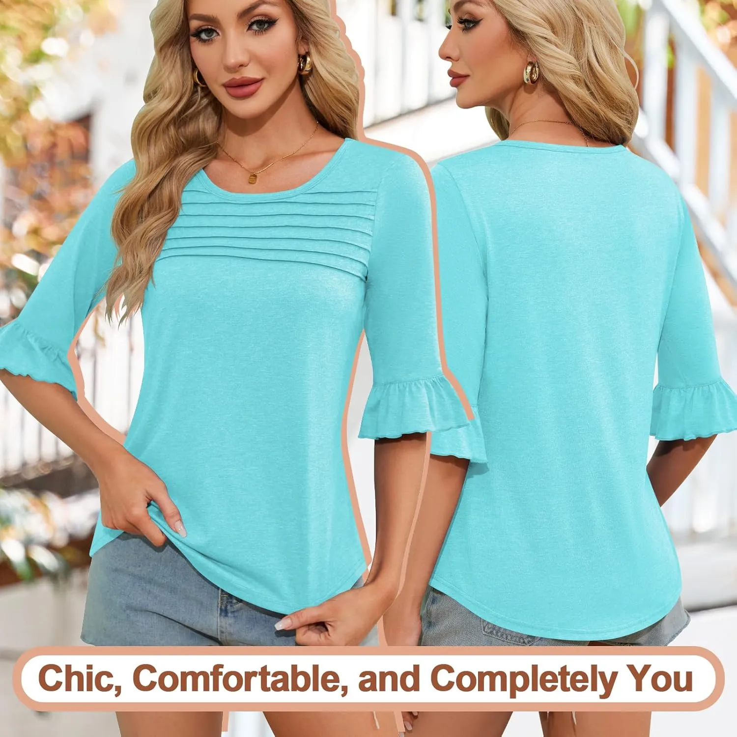 Blingfit 3/4 Length Sleeve Womens Tops Dressy Casual Shirts Ruffle Bell Sleeve Front Pleated Fasion Trendy Summer Blouses