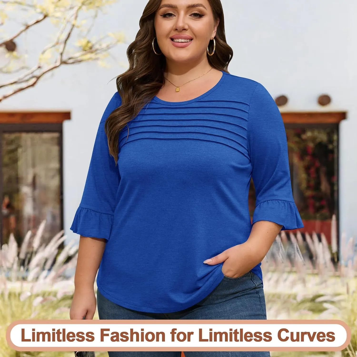 Blingfit 3/4 Length Sleeve Womens Tops Dressy Casual Shirts Ruffle Bell Sleeve Front Pleated Fasion Trendy Summer Blouses