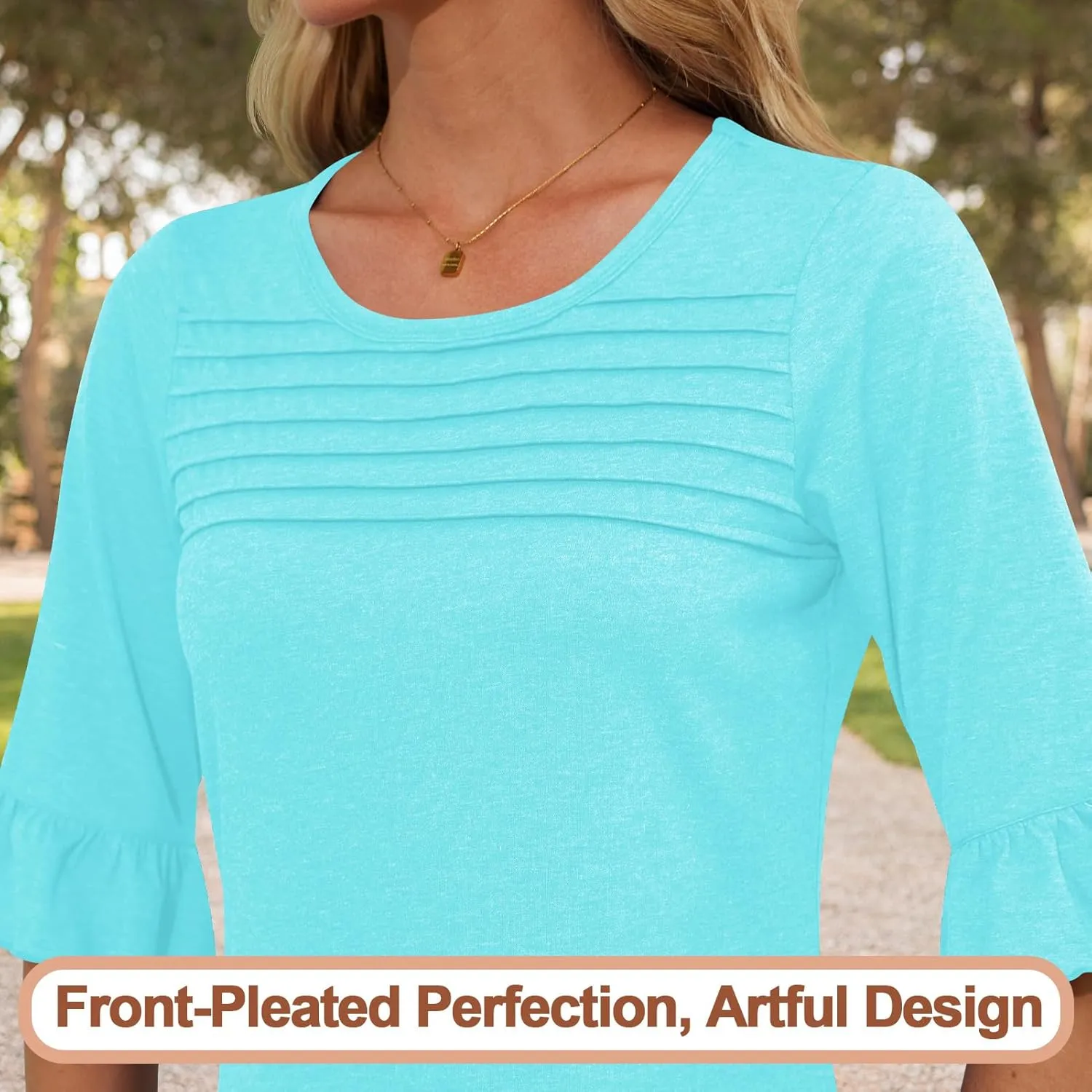Blingfit 3/4 Length Sleeve Womens Tops Dressy Casual Shirts Ruffle Bell Sleeve Front Pleated Fasion Trendy Summer Blouses