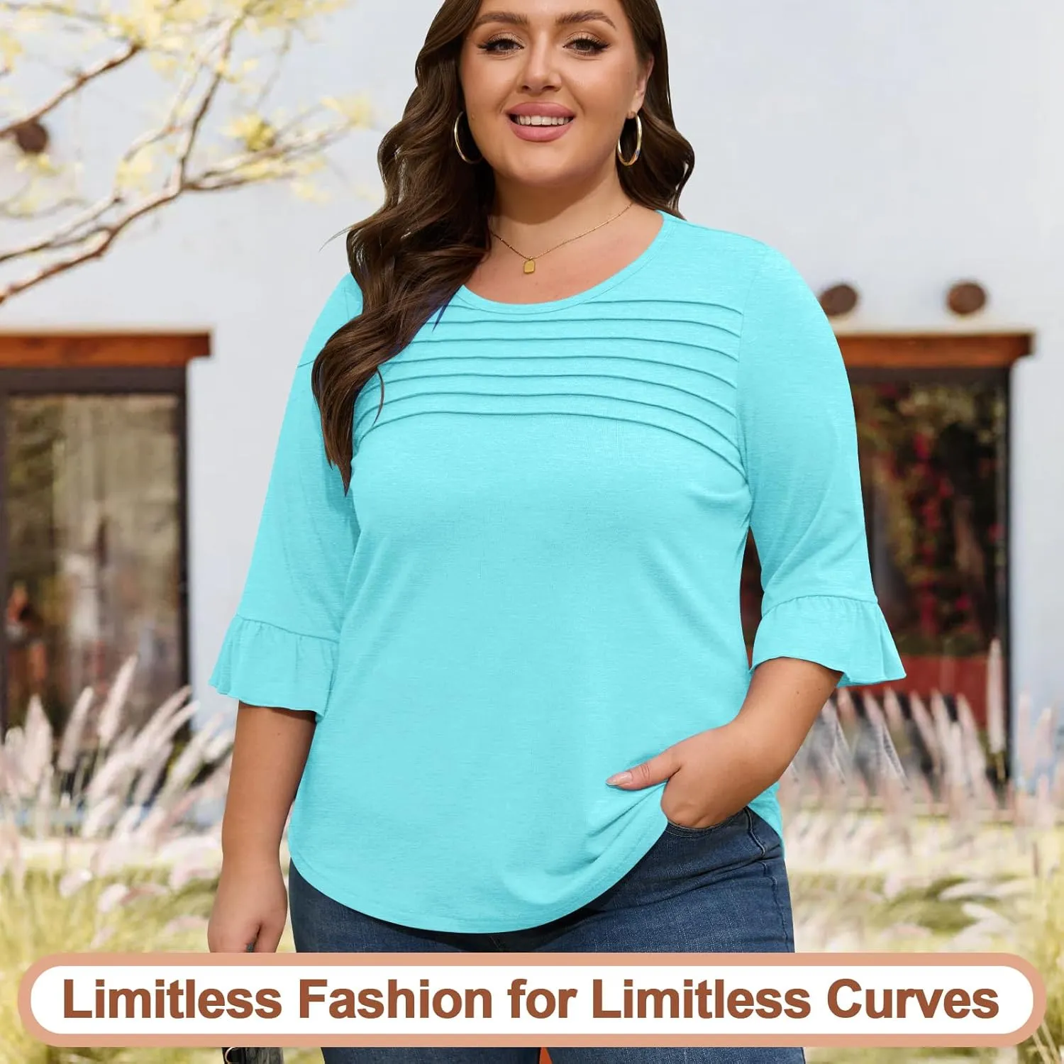 Blingfit 3/4 Length Sleeve Womens Tops Dressy Casual Shirts Ruffle Bell Sleeve Front Pleated Fasion Trendy Summer Blouses