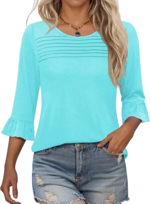 Blingfit 3/4 Length Sleeve Womens Tops Dressy Casual Shirts Ruffle Bell Sleeve Front Pleated Fasion Trendy Summer Blouses