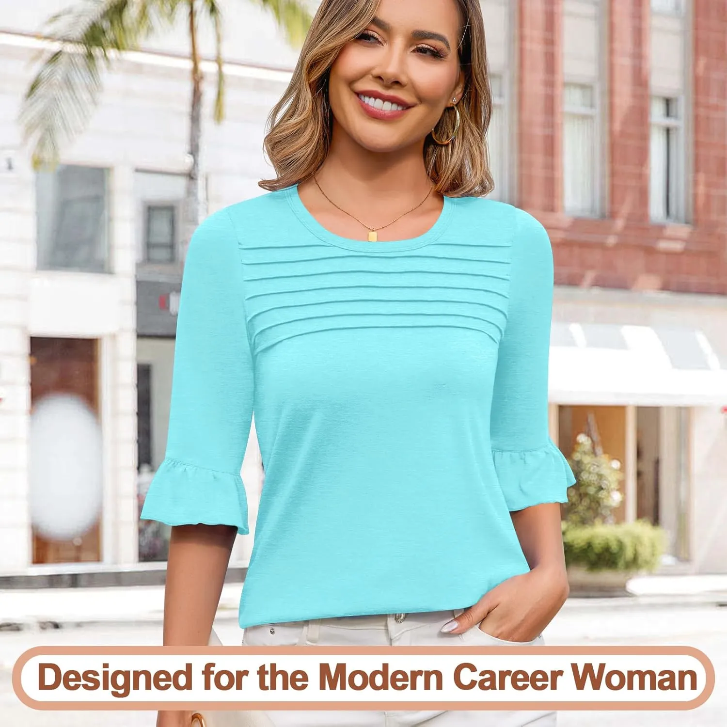 Blingfit 3/4 Length Sleeve Womens Tops Dressy Casual Shirts Ruffle Bell Sleeve Front Pleated Fasion Trendy Summer Blouses