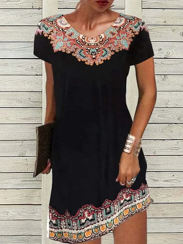 Bohemian Style Mini Dress with Ethnic Print
