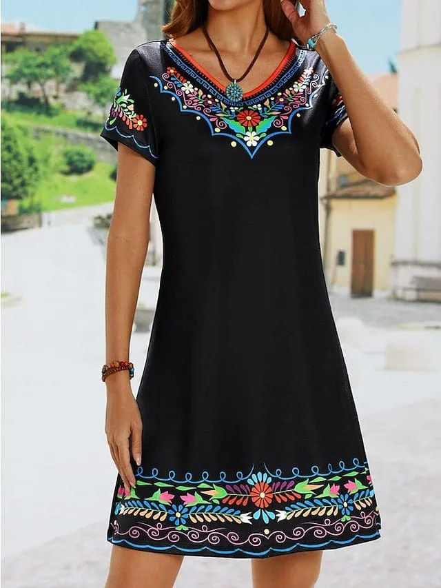 Bohemian Style Mini Dress with Ethnic Print
