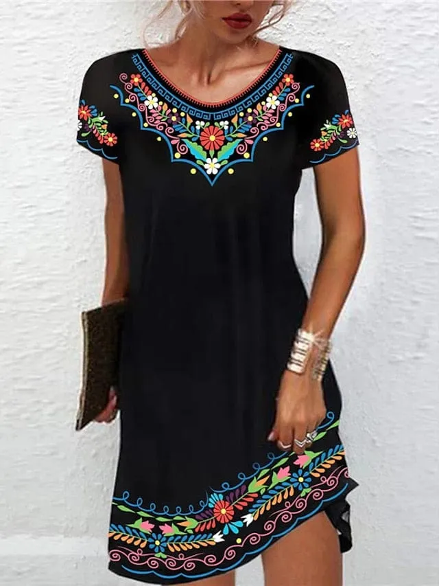 Bohemian Style Mini Dress with Ethnic Print