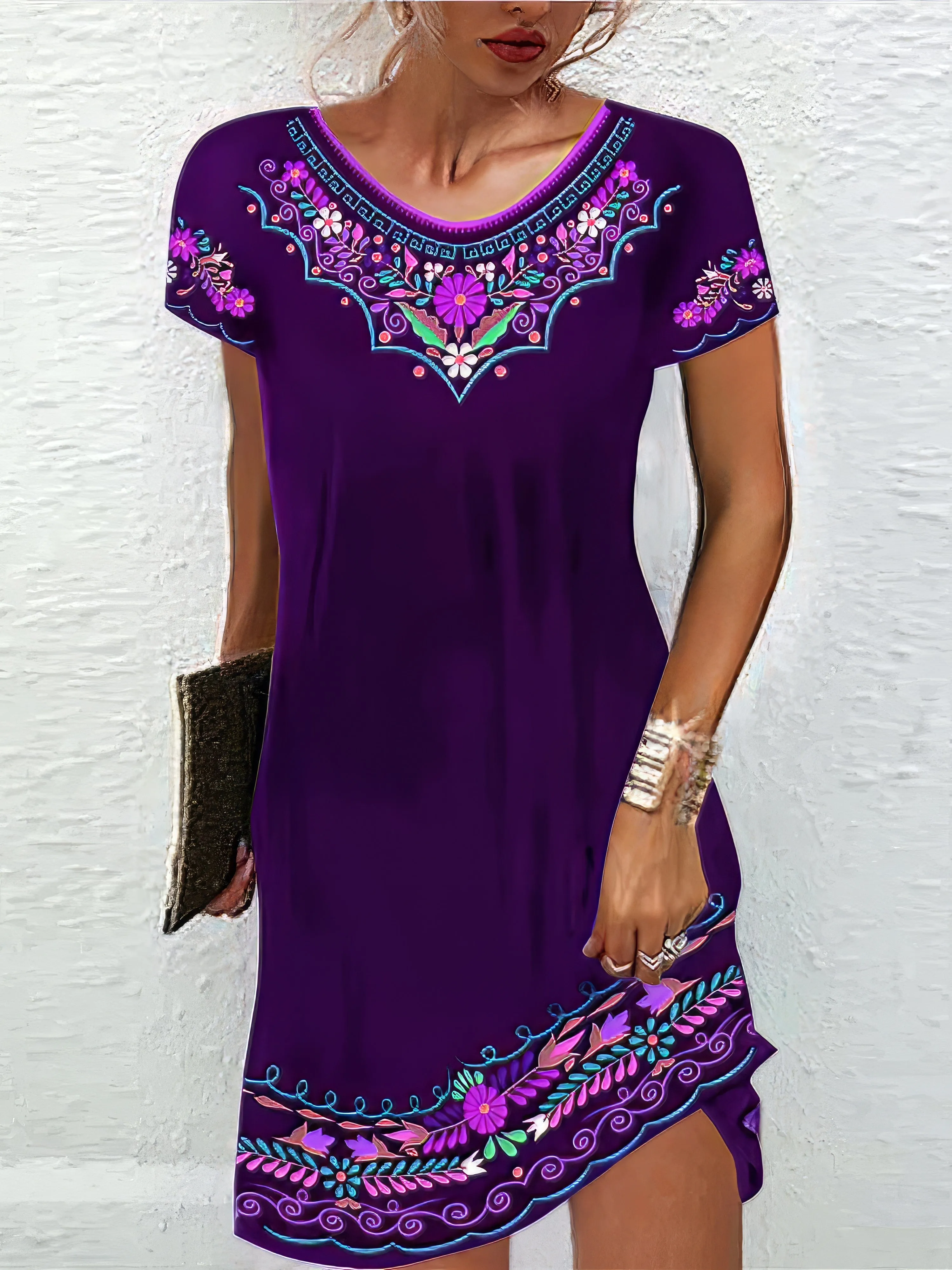 Bohemian Style Mini Dress with Ethnic Print