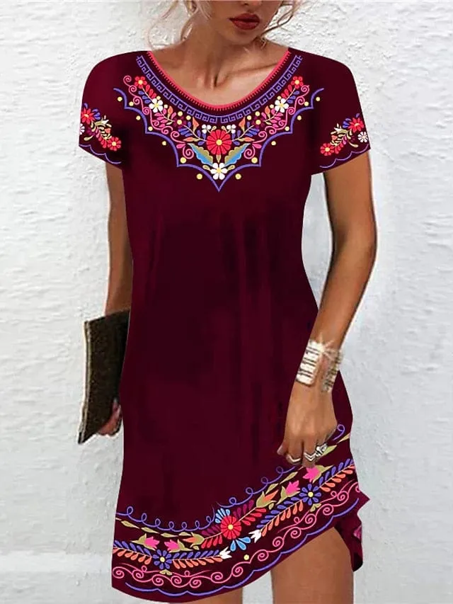 Bohemian Style Mini Dress with Ethnic Print