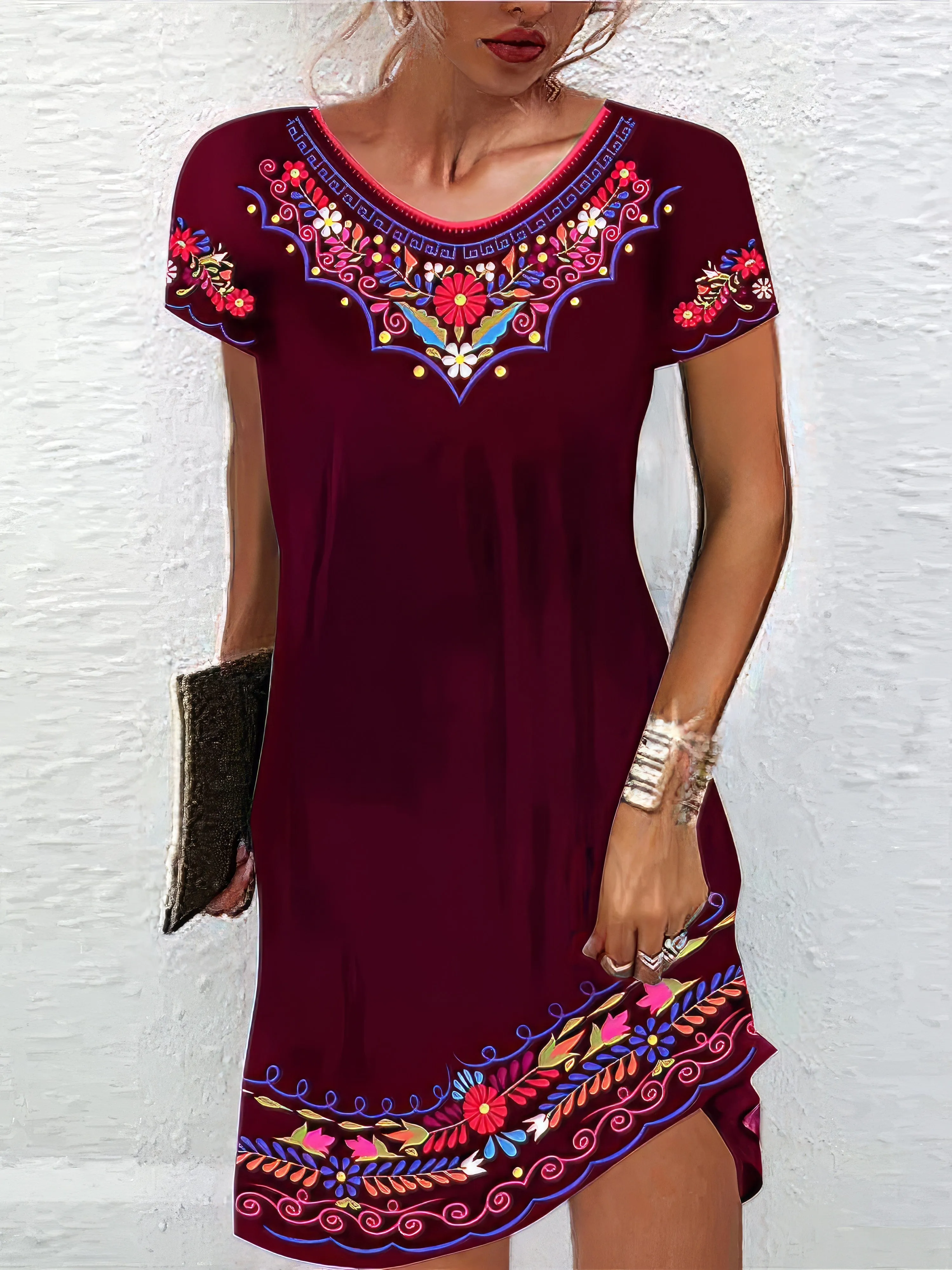 Bohemian Style Mini Dress with Ethnic Print