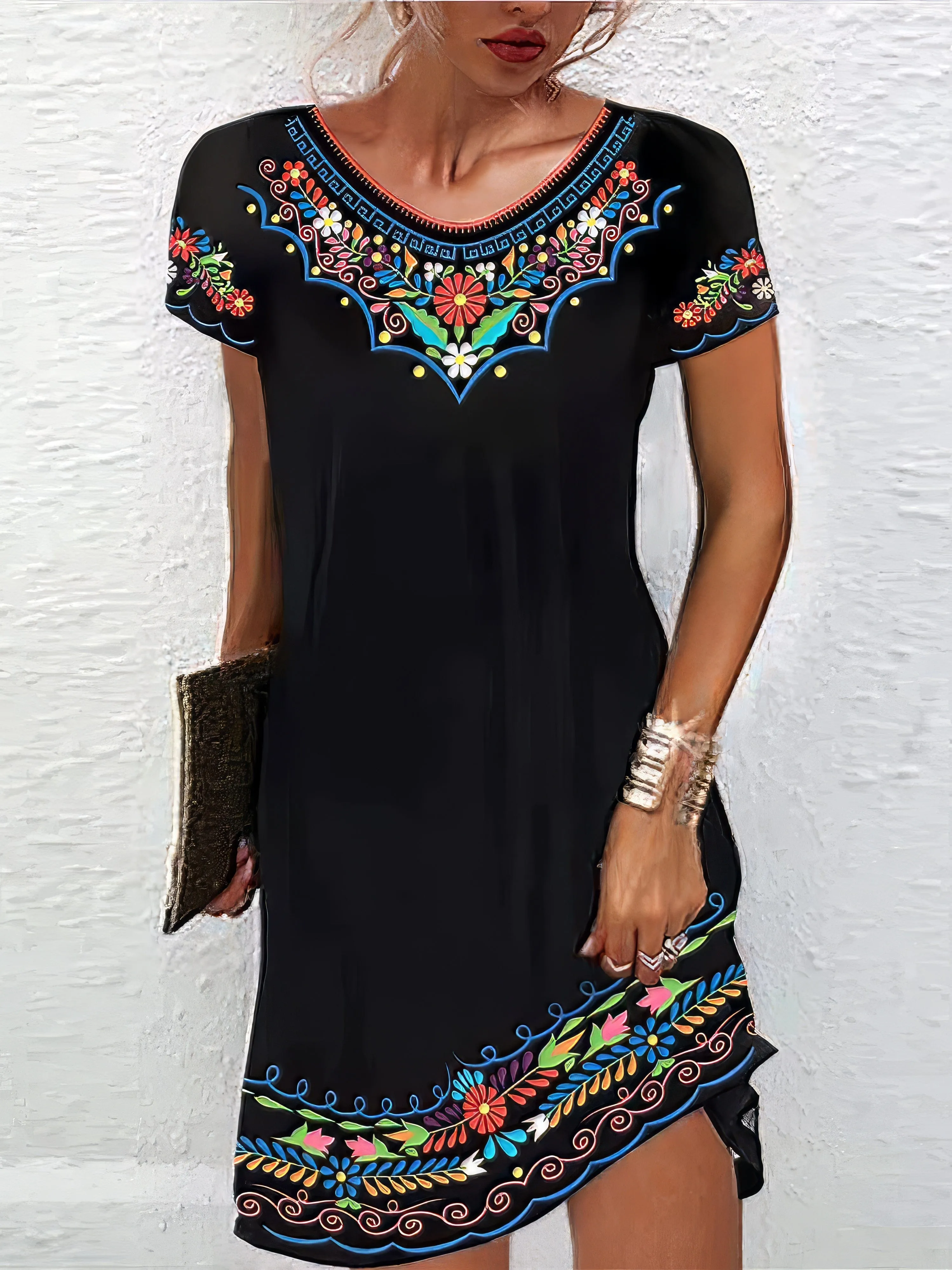 Bohemian Style Mini Dress with Ethnic Print