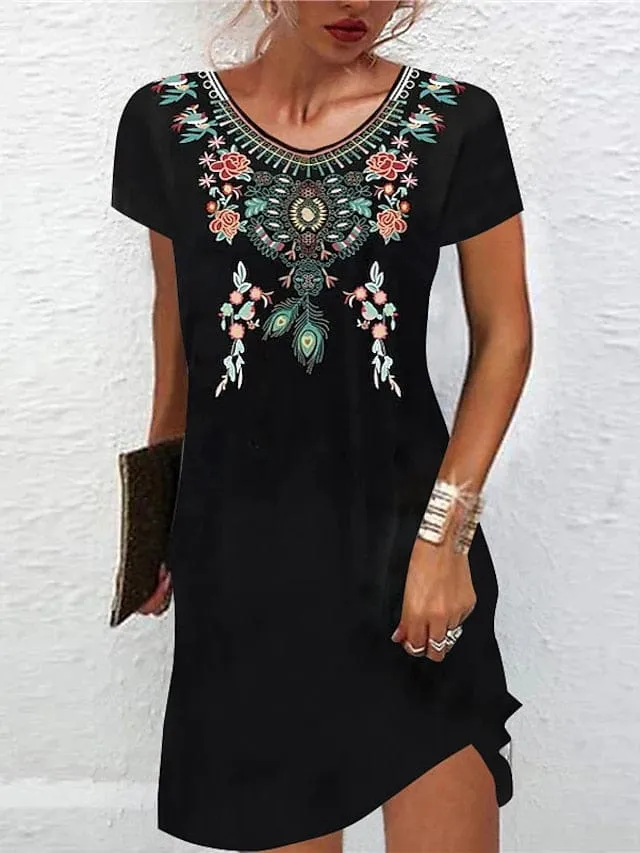 Bohemian Style Mini Dress with Ethnic Print