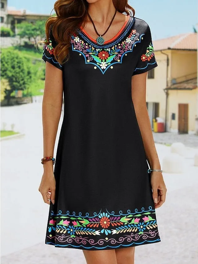 Bohemian Style Mini Dress with Ethnic Print