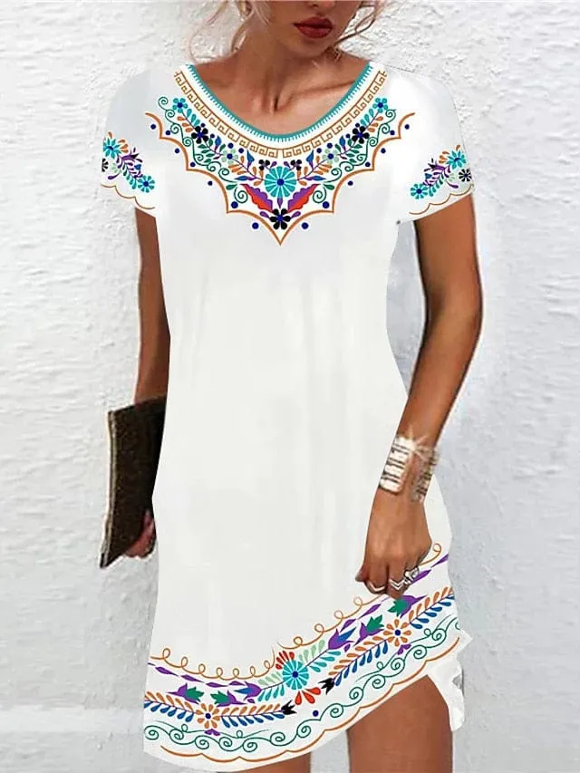 Bohemian Style Mini Dress with Ethnic Print