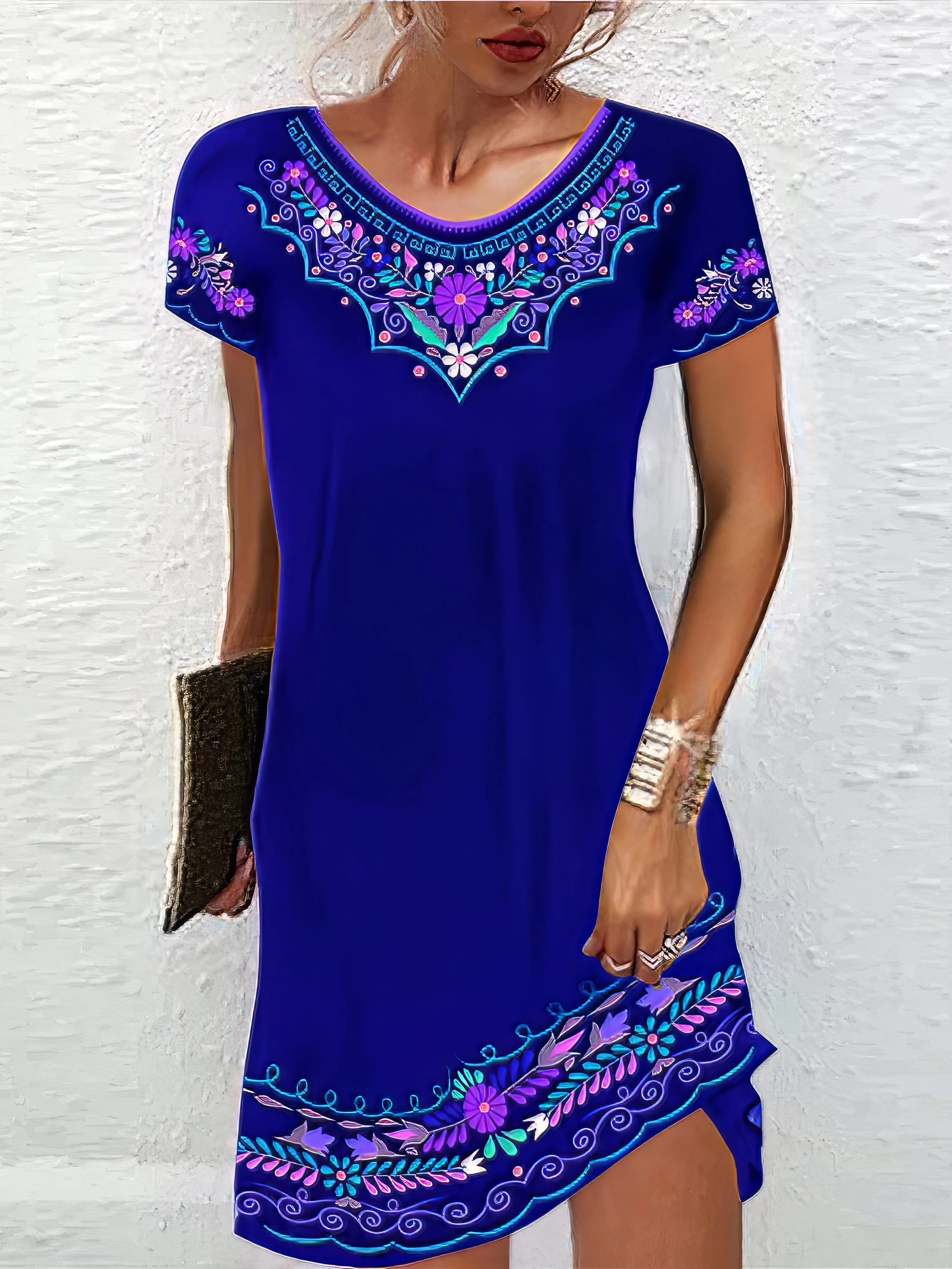 Bohemian Style Mini Dress with Ethnic Print
