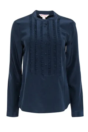 Brooks Brothers - Navy Silk Blouse w/ Ruffled Button Placket Sz M