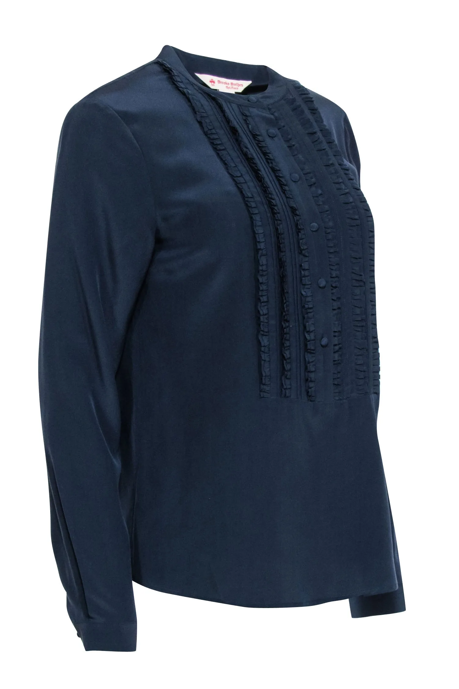 Brooks Brothers - Navy Silk Blouse w/ Ruffled Button Placket Sz M