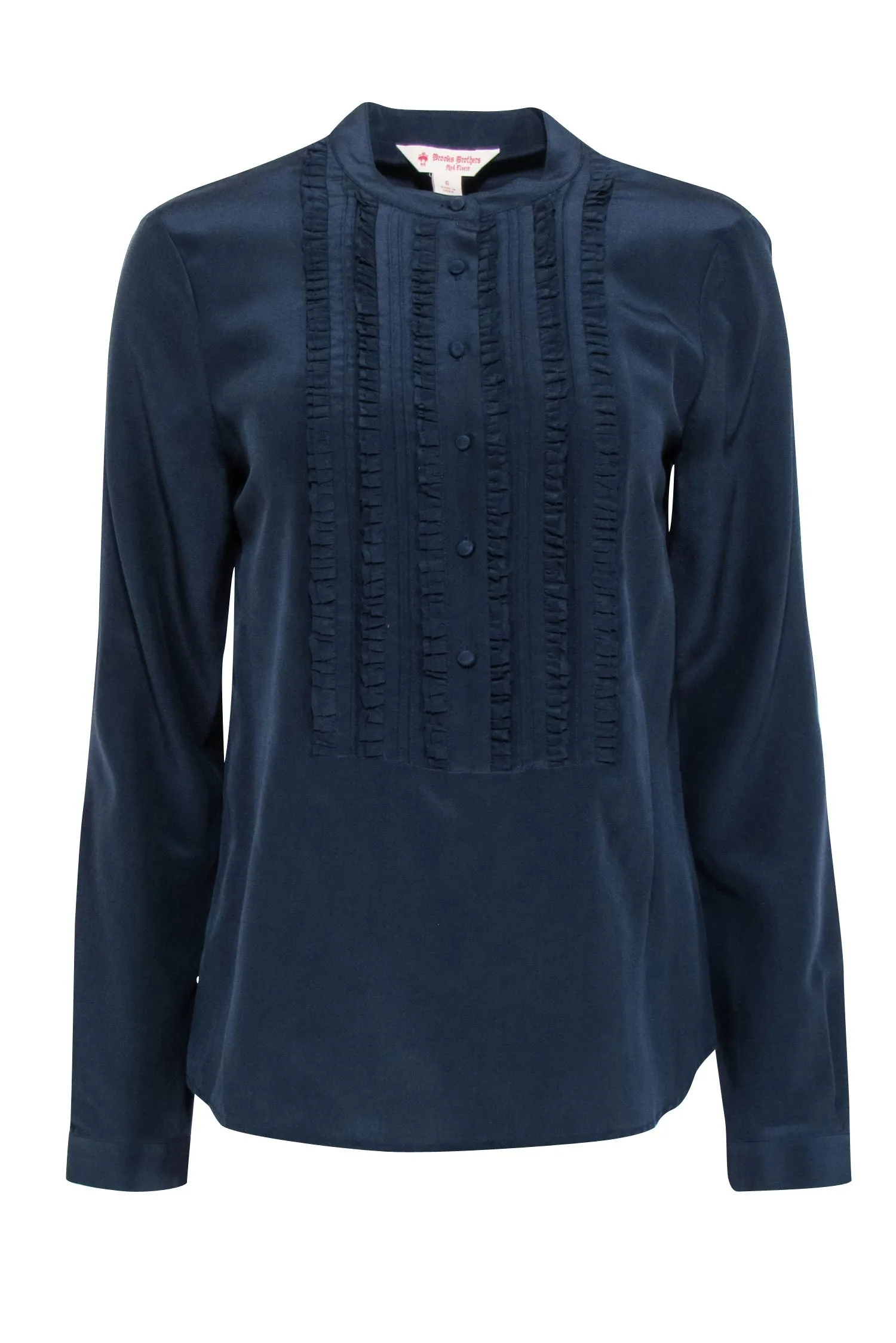 Brooks Brothers - Navy Silk Blouse w/ Ruffled Button Placket Sz M
