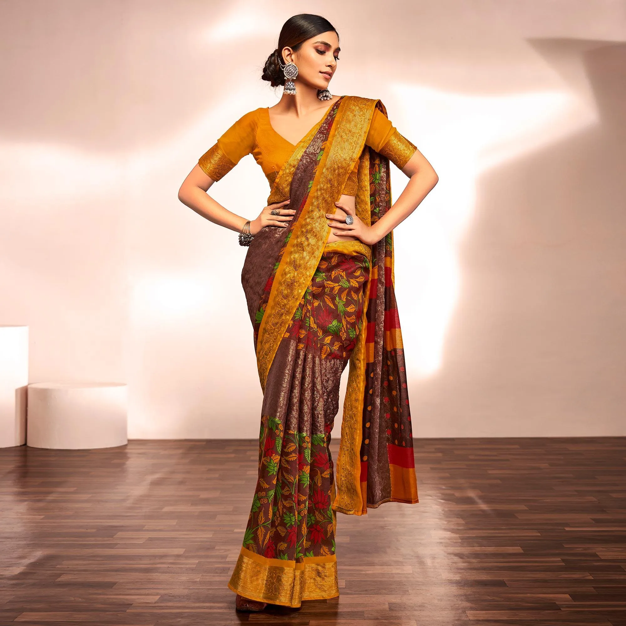 Brown Casual Wear Floral Printed Cotton Silk Saree With Jacquard Border