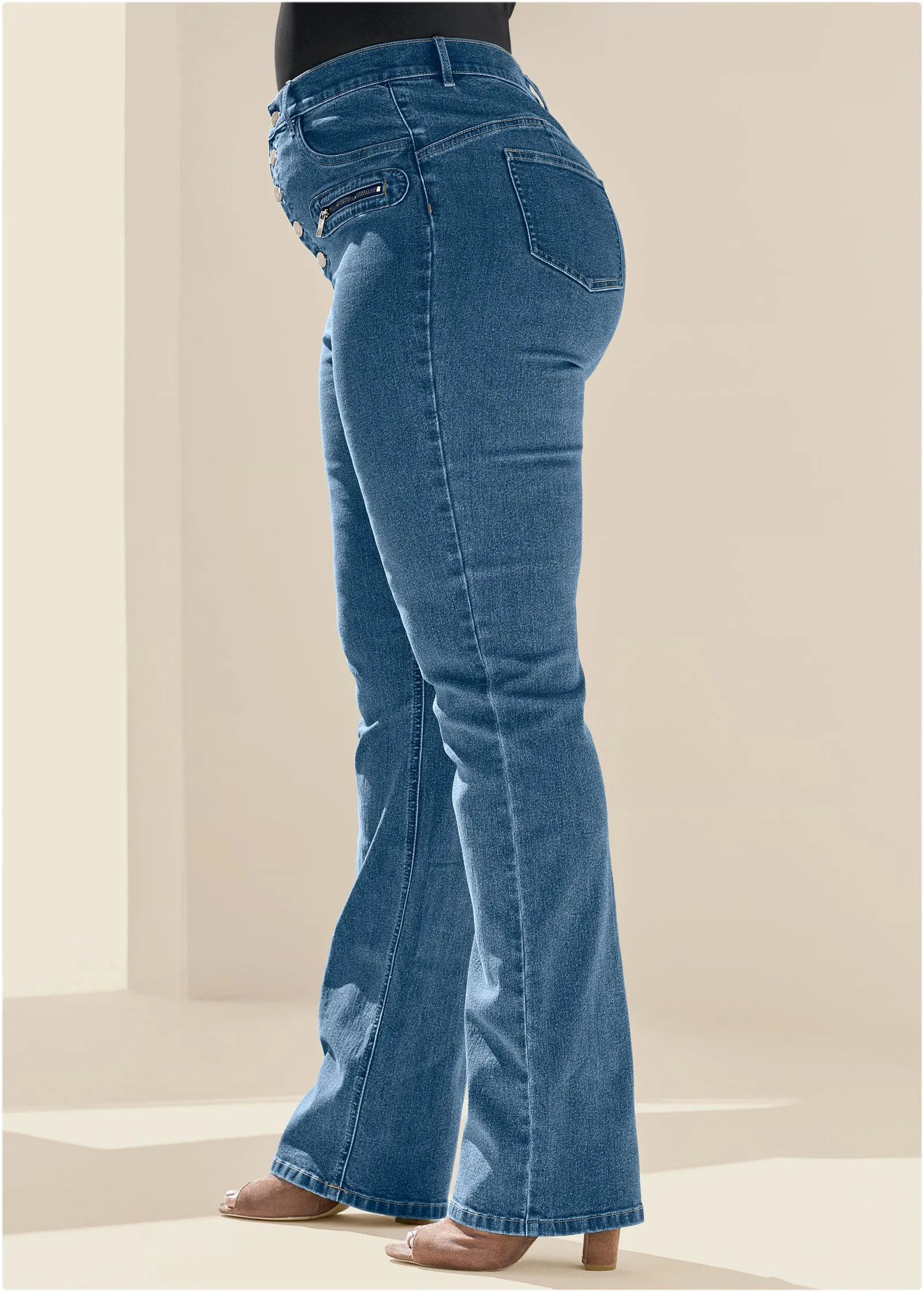 Button Fly Relaxed Leg Jeans - Medium Wash