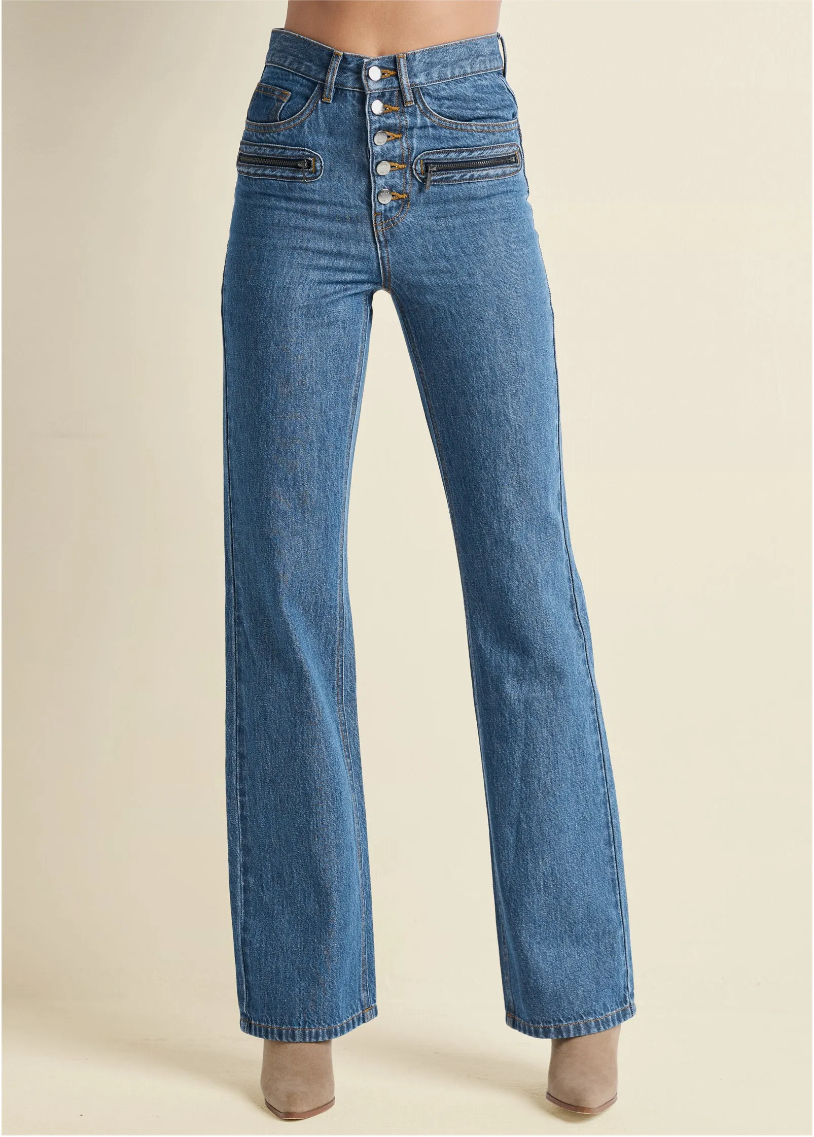 Button Fly Relaxed Leg Jeans - Medium Wash