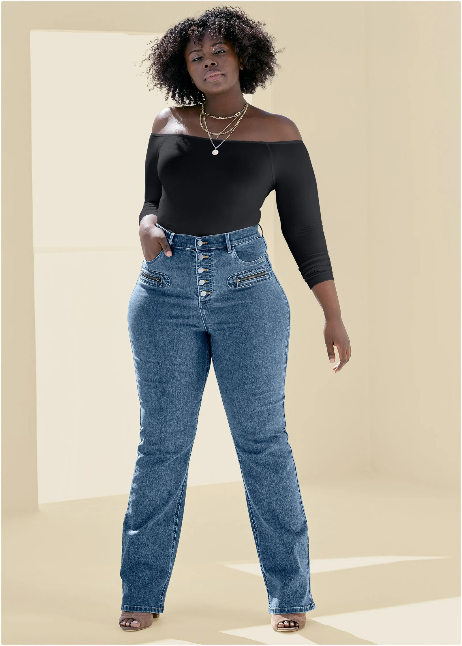 Button Fly Relaxed Leg Jeans - Medium Wash