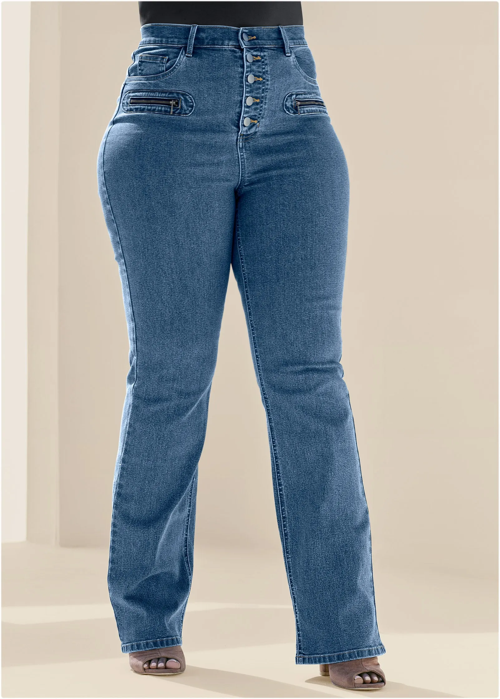 Button Fly Relaxed Leg Jeans - Medium Wash