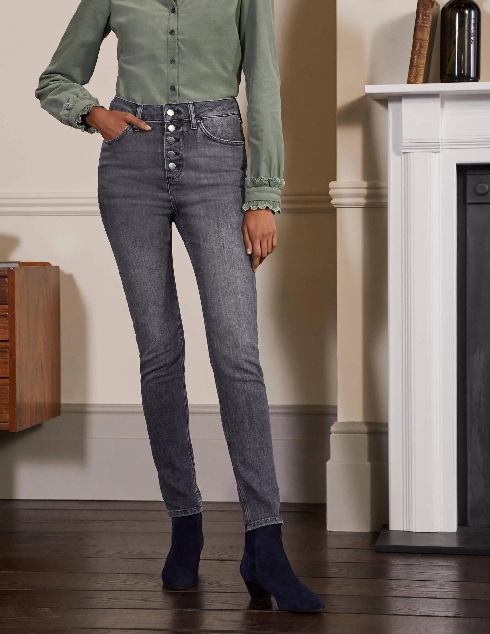 Button Fly Skinny Jeans-Authentic Grey